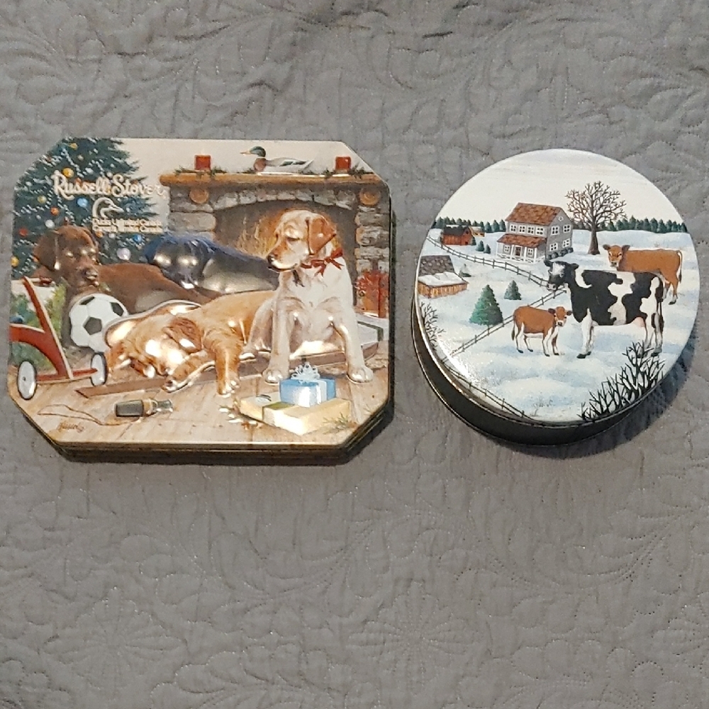 Russell Stover Decorative Tin + Farm Scene Tin